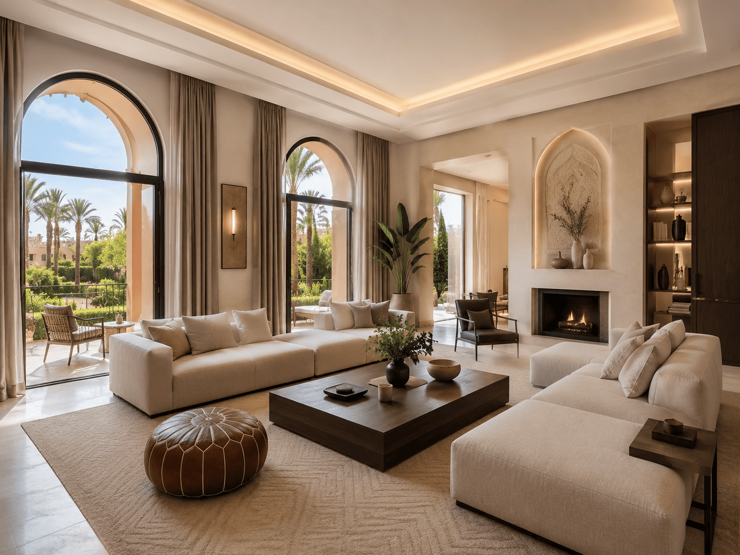 Luxury villa living room photographed for a Marrakech rental listing