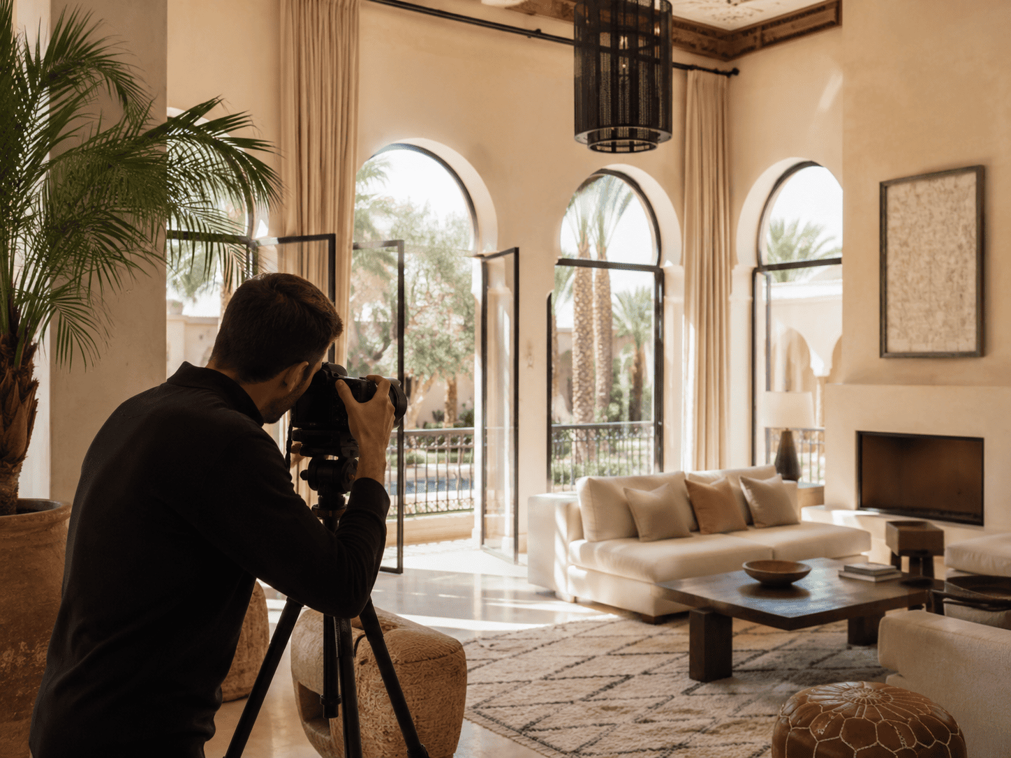 Professional real estate photographer shooting a luxury villa interior in Marrakech